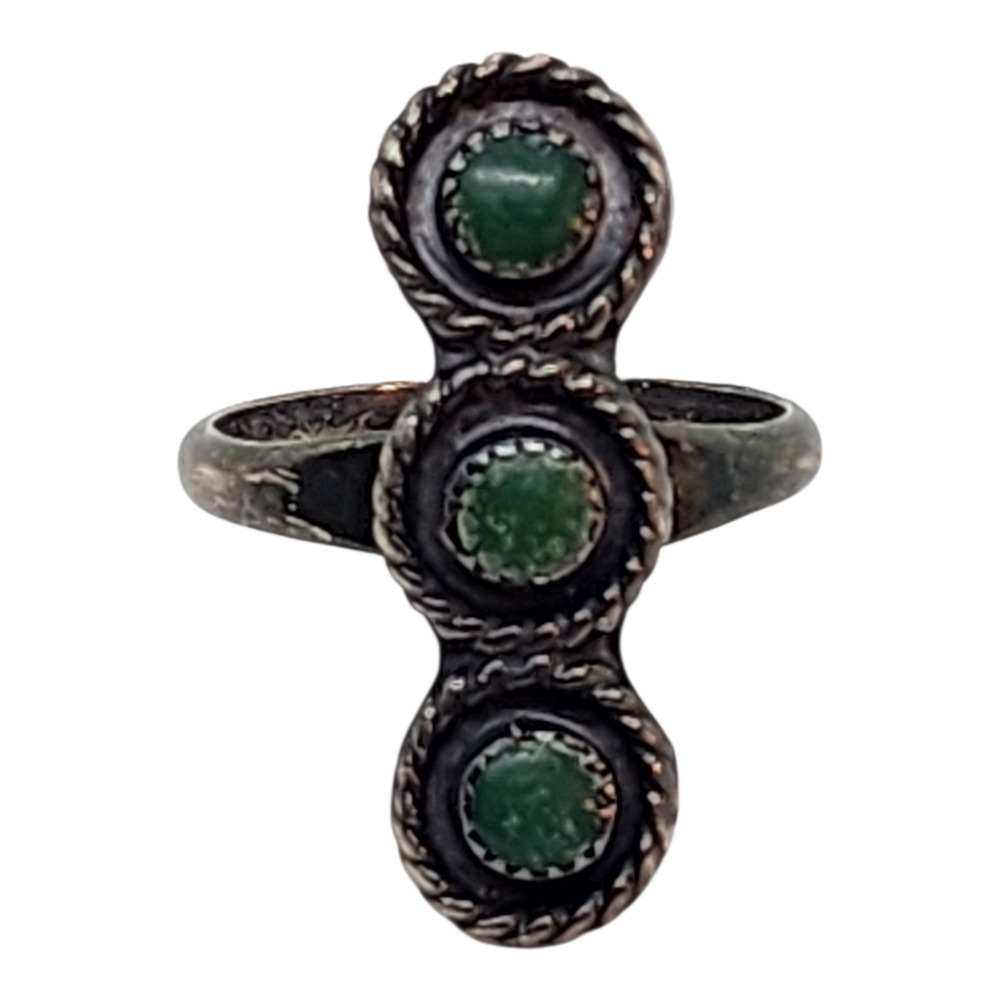 Vintage Turquoise Triple Circle Long Cocktail Ring Sterling Silver Native 5.75